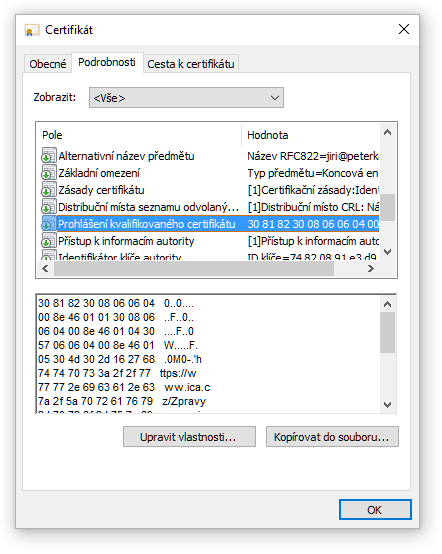 Obsah poloky QcStatements, tak jak jej zobrazuje standardn prohlec v MS Windows