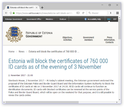 Oznmen o revokaci estonskch certifikt